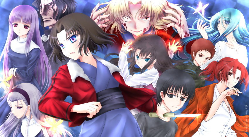 aozaki_touko araya_souren asagami_fujino black_hair blonde_hair brown_hair chize enjou_tomoe everyone fujou_kirie highres kara_no_kyoukai kokutou_azaka kokutou_mikiya long_hair ouji_misaya purple_hair red_hair redhead ryougi_shiki shirazumi_lio