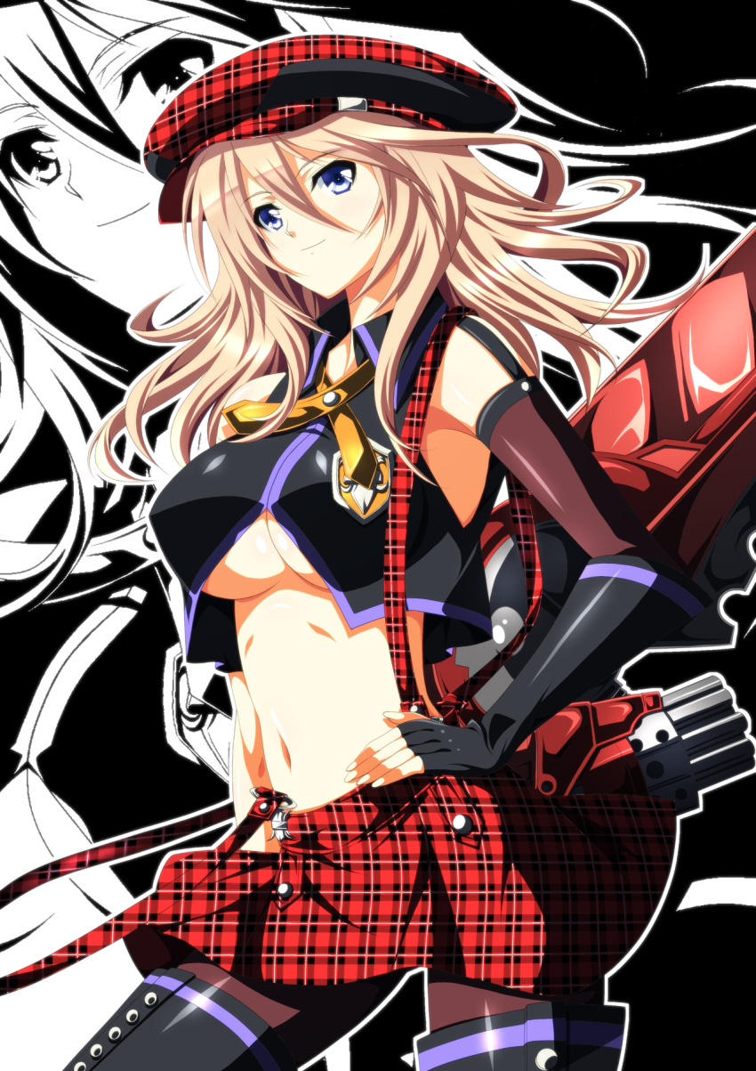 alisa_ilinichina_amiella blonde_hair blue_eyes breasts cabbie_hat checkered detached_sleeves elbow_gloves fingerless_gloves gloves god_eater hat highres ka2 large_breasts looking_at_viewer midriff navel pantyhose plaid plaid_skirt skirt smile solo suspenders under_boob underboob weapon