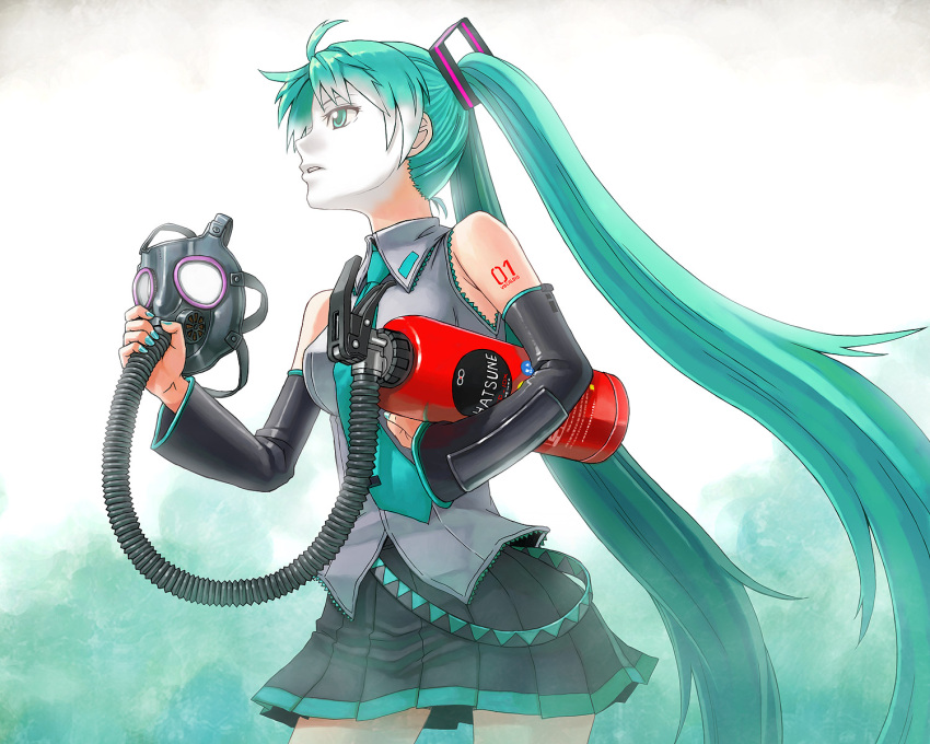 aqua_eyes aqua_hair bare_shoulders detached_sleeves fire_extinguisher fire_hydrant gas_mask hair_ornament hatsune_miku highres holding itou_(onsoku_tassha) long_hair mask mask_removed nail_polish necktie pleated_skirt simple_background skirt solo strap tank_(container) tattoo tube twintails very_long_hair vocaloid