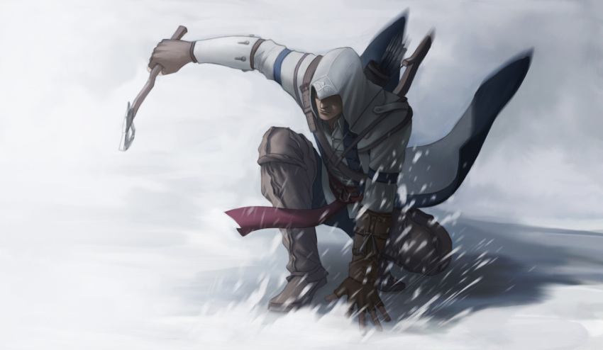 arrow assassin's_creed_iii assassin's_creed assassin's_creed_iii axe belt connor_kenway gloves hood male quiver snow solo tomahawk vambraces