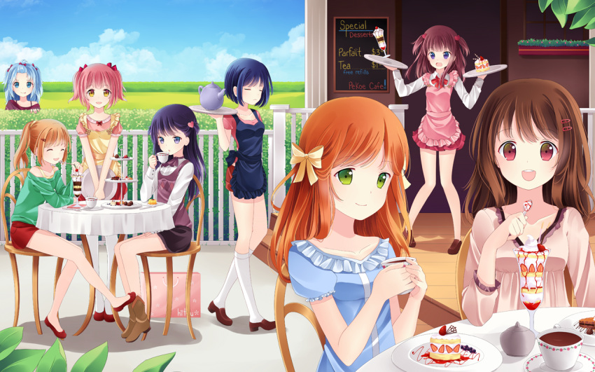8girls :d ^_^ apron blue_eyes blue_hair bow brown_hair cafe chair closed_eyes cup english eyes_closed food fruit green_eyes hair_bow hair_ornament heart hitsukuya holding_spoon ice_cream kettle long_hair multiple_girls open_mouth orange_hair original pink_hair ponytail purple_hair red_eyes short_hair short_twintails sitting skirt slice_of_cake smile strawberry sundae table tray twintails v_arms waitress yellow_eyes