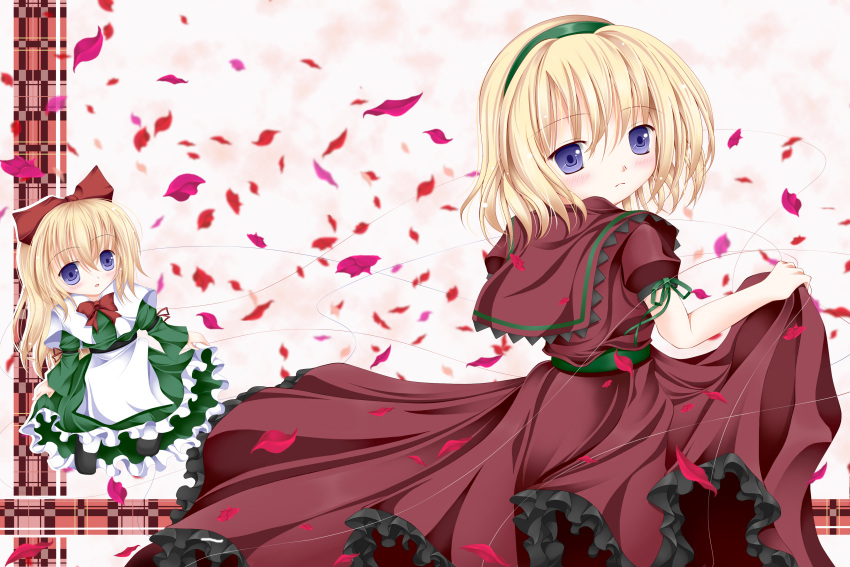 absurdres alice_margatroid alternate_color apron blonde_hair blue_eyes capelet dress floral_background frown green_dress hairband highres looking_at_viewer looking_back multicolored_background nyukkuri_(maipiku_kangei) petals plaid plaid_background puppet_strings red_dress rose_petals sash shanghai_doll short_hair short_sleeves skirt_hold solo touhou two-tone_background