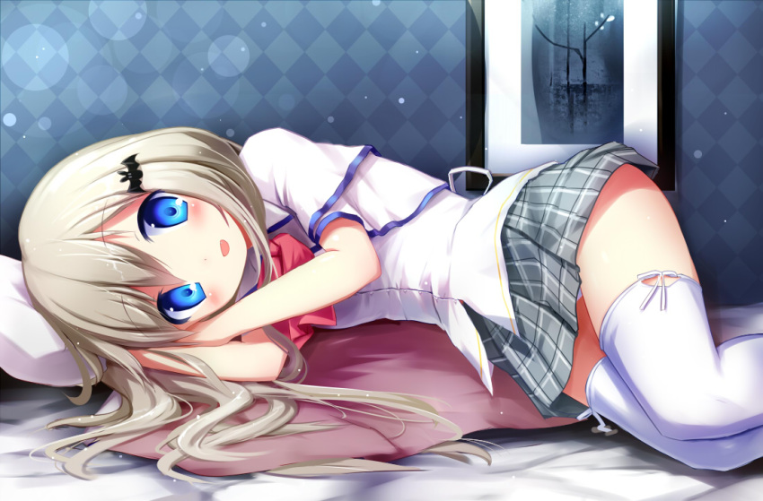bat blue_eyes blush cape checkered checkered_skirt hair_ornament hairclip hat little_busters!! long_hair looking_at_viewer lying noumi_kudryavka on_bed on_side open_mouth panties picture_(object) pillow ribbons seifuku shirt silver_hair skirt smile solo taharu_kousuke thigh-highs thighhighs underwear white_legwear white_panties