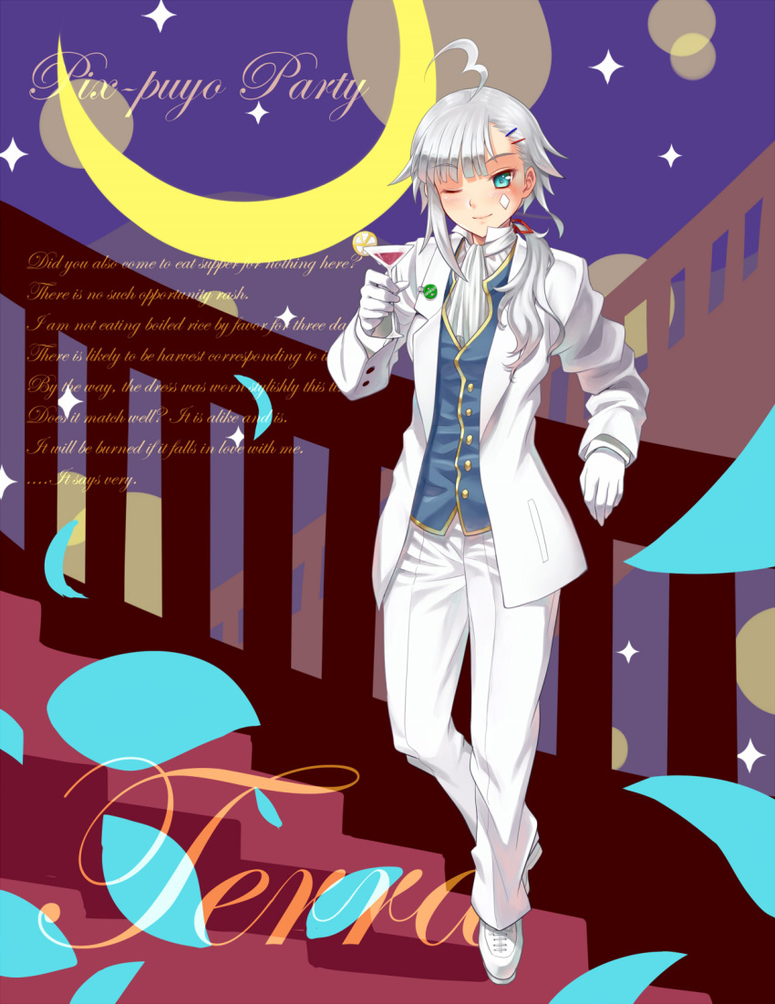 ahoge character_request copyright_request crescent_moon cup english engrish erokosei formal gloves hair_ornament hairclip highres moon ponytail ranguage solo star suit white_hair wine_glass wineglass wink