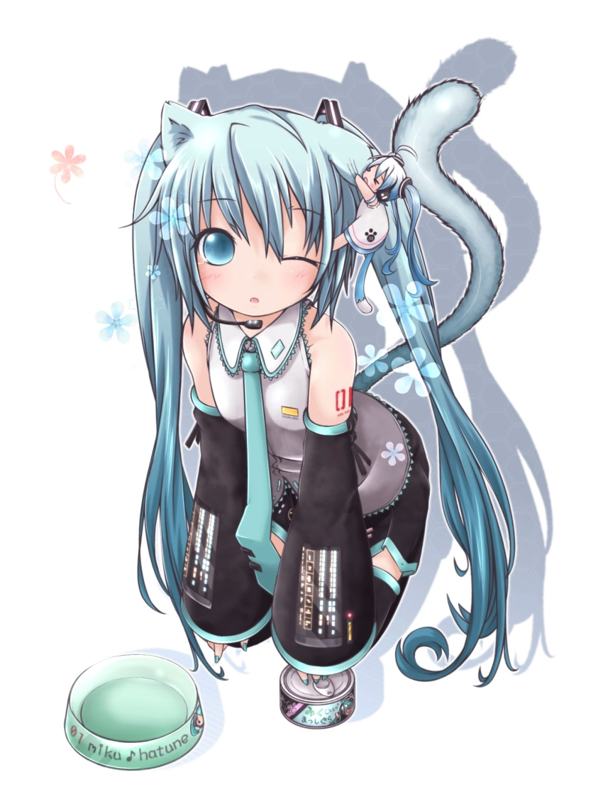 akino_coto animal_ears aqua_eyes aqua_hair cat_ears cat_tail hatsune_miku highres kemonomimi_mode long_hair looking_at_viewer minigirl open_mouth simple_background solo tail twintails very_long_hair vocaloid wince