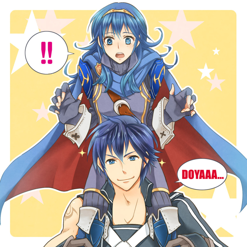 1boy 1girl age_difference armor blue_hair blush boots cape carrying chrom_(fire_emblem) father_and_daughter fingerless_gloves fire_emblem fire_emblem:_kakusei gloves grin highres krom long_hair lucina open_mouth pantyhose sawako68 shoulder_carry smile sparkle star symbol-shaped_pupils