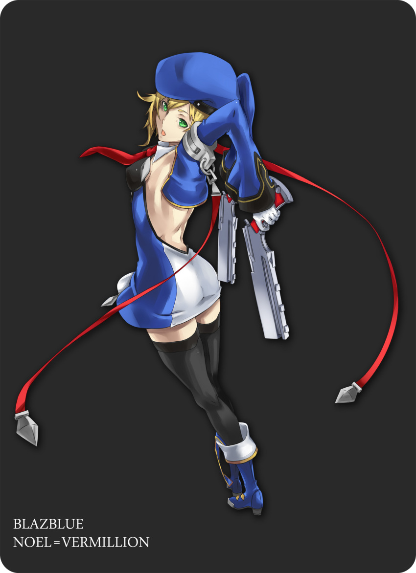 armlet ass back bad_id beret black_legwear blazblue blonde_hair bolverk boots character_name dress dual_wielding gloves green_eyes gun hat highres looking_back noel_vermillion open_mouth short_hair solo thigh-highs thighhighs weapon white_gloves yucca-612