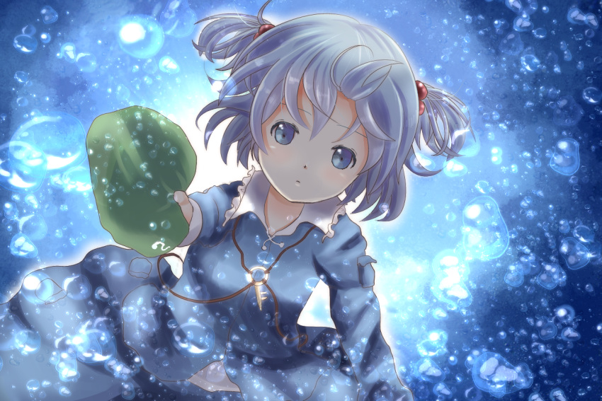 bad_id blue_eyes blue_hair blush bubble conesa hair_bobbles hair_ornament hat hat_removed headwear_removed kawashiro_nitori key short_hair skirt smile solo touhou twintails water