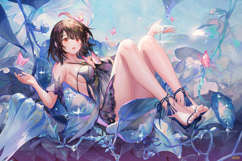 1girl armpits atdan bare_legs bare_shoulders black_dress black_hair breasts bug butterfly detached_sleeves dress fantasy high_heels highres knees_up looking_at_viewer medium_breasts open_mouth original red_eyes short_hair sideboob sleeveless sleeveless_dress solo thighs