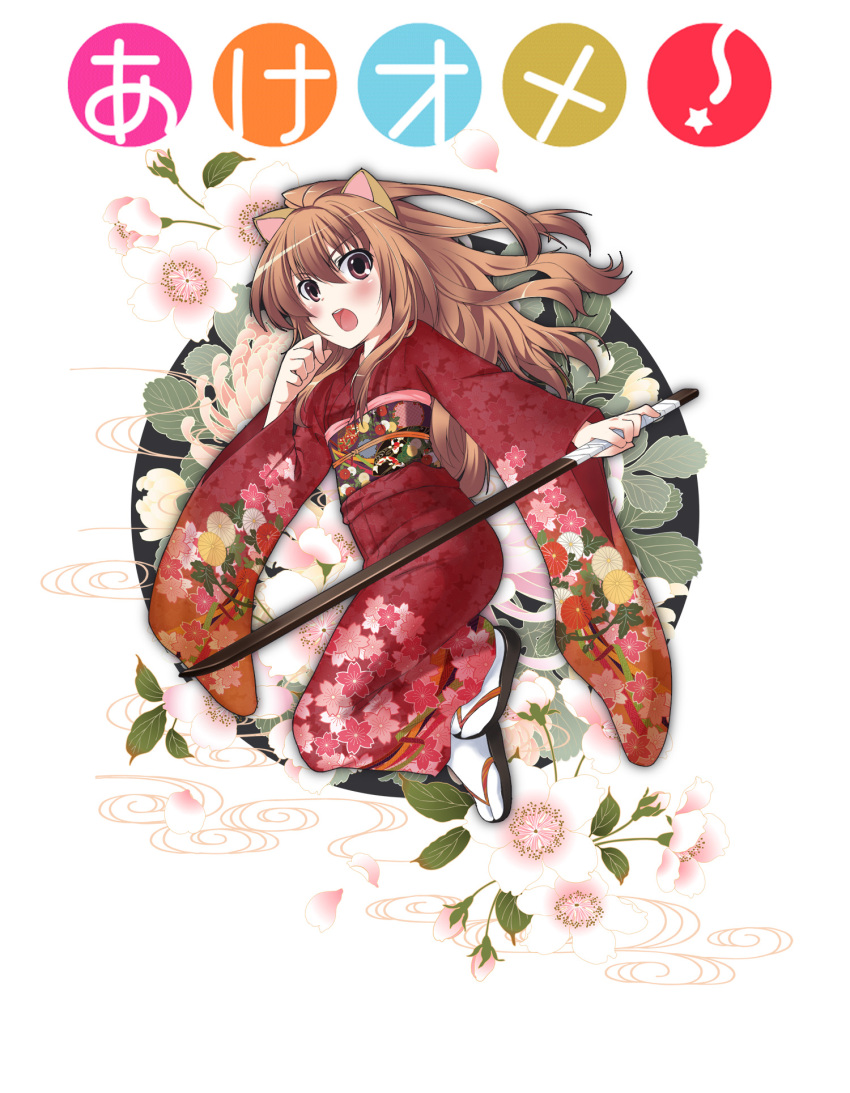 akeome animal_ears bad_id bokken brown_eyes brown_hair flower french_maid highres japanese_clothes kimono long_hair new_year obi open_mouth sandals sword tabi tiger_ears toradora! weapon wooden_sword