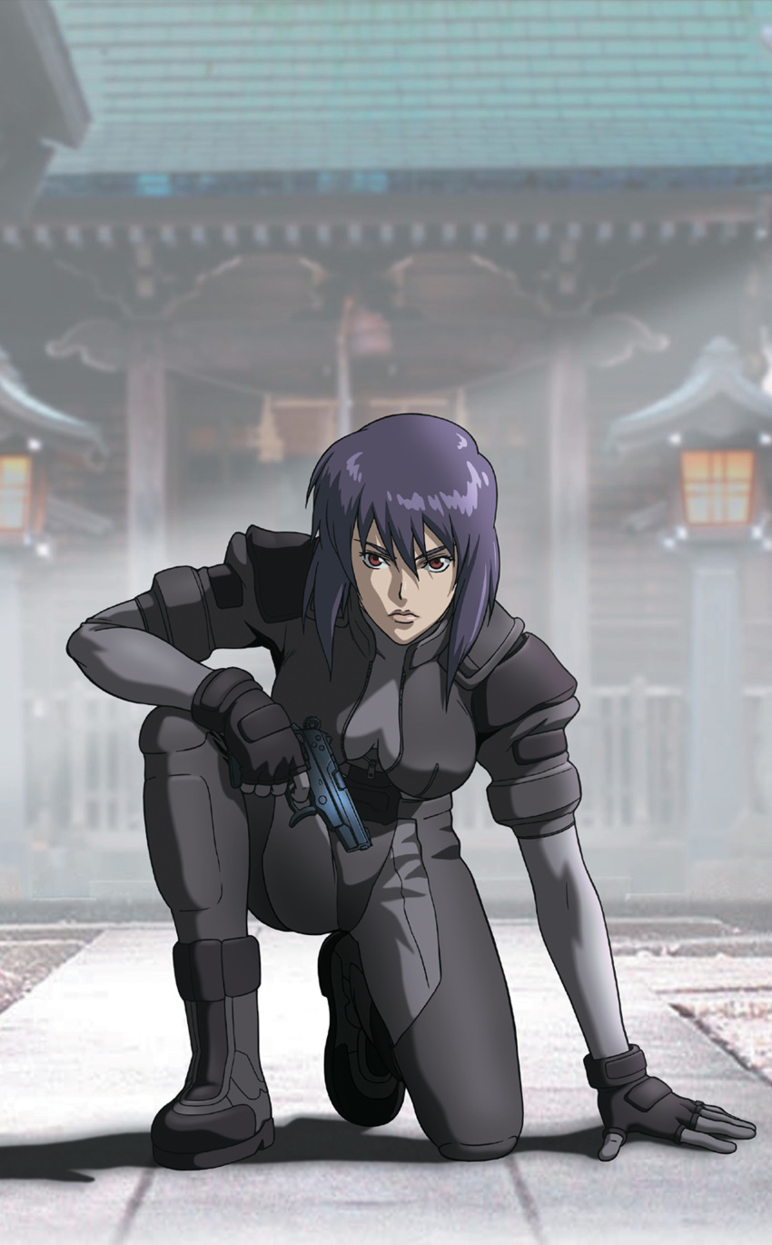 bodysuit ghost_in_the_shell gun highres kusanagi_motoko purple_hair weapon