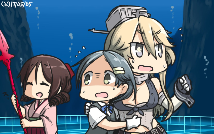 2017 3girls aquarium black_hair blonde_hair bow breasts brown_hair cleavage closed_eyes commentary_request dated drill_hair elbow_gloves fingerless_gloves front-tie_top gloves green_eyes grey_eyes hair_bow hair_ornament hairclip hakama hamu_koutarou harukaze_(kantai_collection) highres iowa_(kantai_collection) japanese_clothes kantai_collection kimono kuroshio_(kantai_collection) long_hair meiji_schoolgirl_uniform multiple_girls pink_kimono polearm red_bow red_hakama school_uniform short_hair spear star star-shaped_pupils symbol-shaped_pupils twin_drills upper_body vest weapon white_gloves