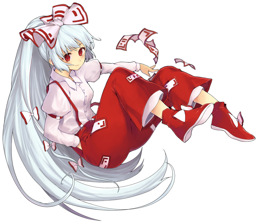 aki_(mare_desiderii) aki_(nastumegu) bow floating fujiwara_no_mokou hair_bow hair_ribbon hand_in_pocket highres long_hair ofuda red_eyes ribbon silver_hair smile solo suspenders touhou transparent_background