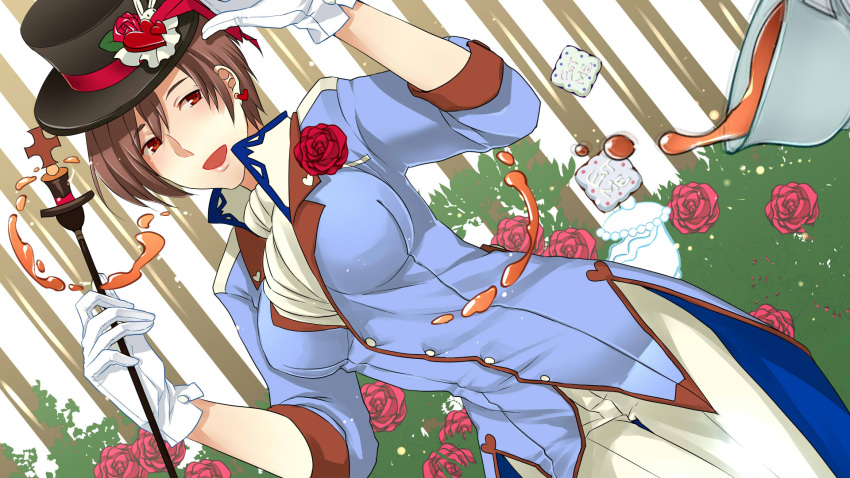 1girl alice_in_wonderland aquasnow brown_hair cookie cosplay cup earrings flower food gloves hat heart highres jewelry mad_hatter mad_hatter_(cosplay) meiko open_mouth pants rabbit red_eyes rose short_hair smile solo staff sugar_cube tea teacup top_hat vocaloid