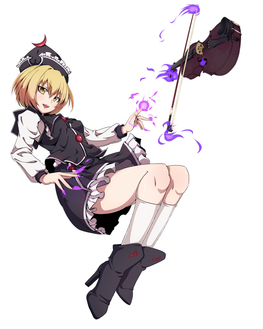 bow_(instrument) hat high_heels highres instrument legs lunasa_prismriver musical_note nikka nikka_(cryptomeria) shoes short_hair smile solo thighs touhou transparent_background violin yellow_eyes