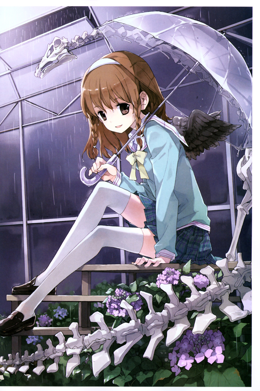 artist_request bench bow braid brown_eyes brown_hair flower hairband happy highres hydrangea legs original rain sitting skeleton skirt socks solo tiv twin_braids umbrella wet wings