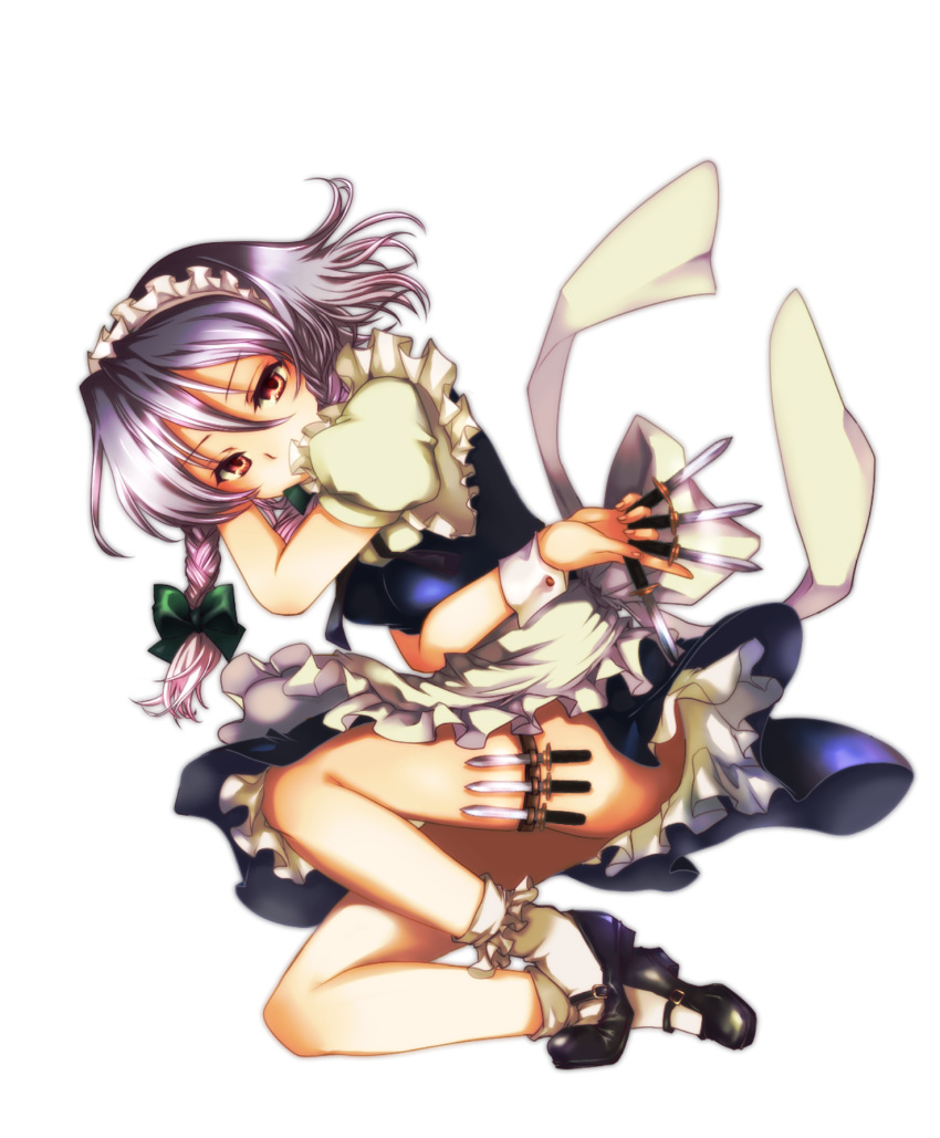 braid hairband highres izayoi_sakuya knife maid mikazuki_tenma red_eyes ribbon silver_hair solo thigh_strap touhou transparent_background twin_braids