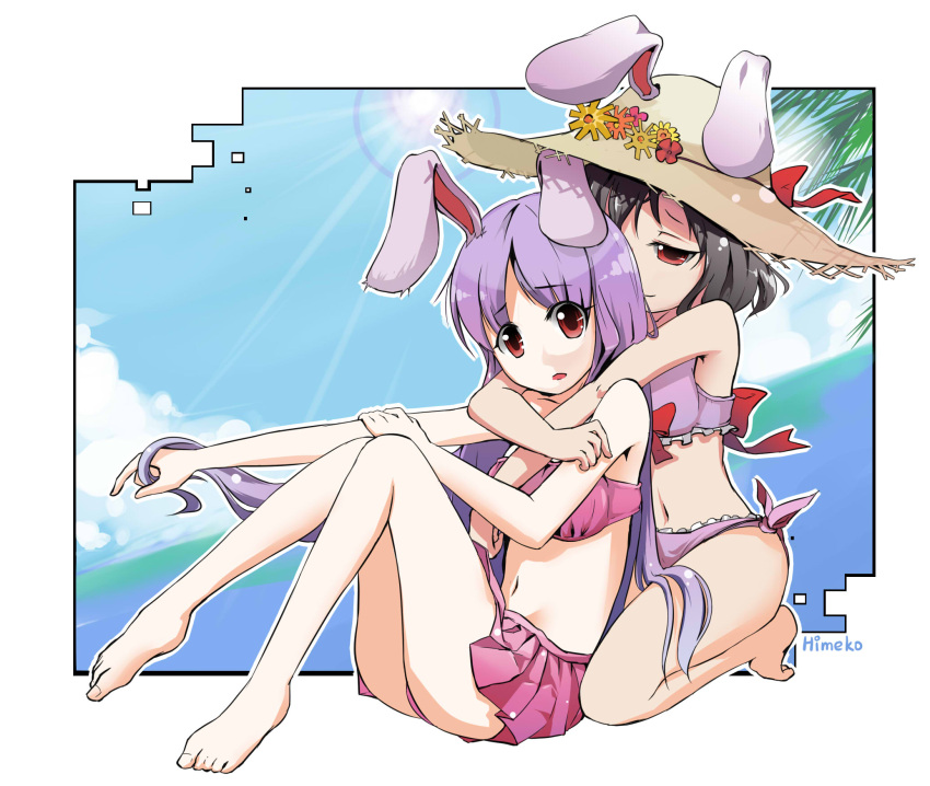 animal_ears barefoot bikini bunny_ears feet hair_twirling hat highres hug inaba_tewi jpeg_artifacts long_hair multiple_girls rabbit_ears reisen_udongein_inaba short_hair straw_hat sun_hat sunyukun swimsuit touhou