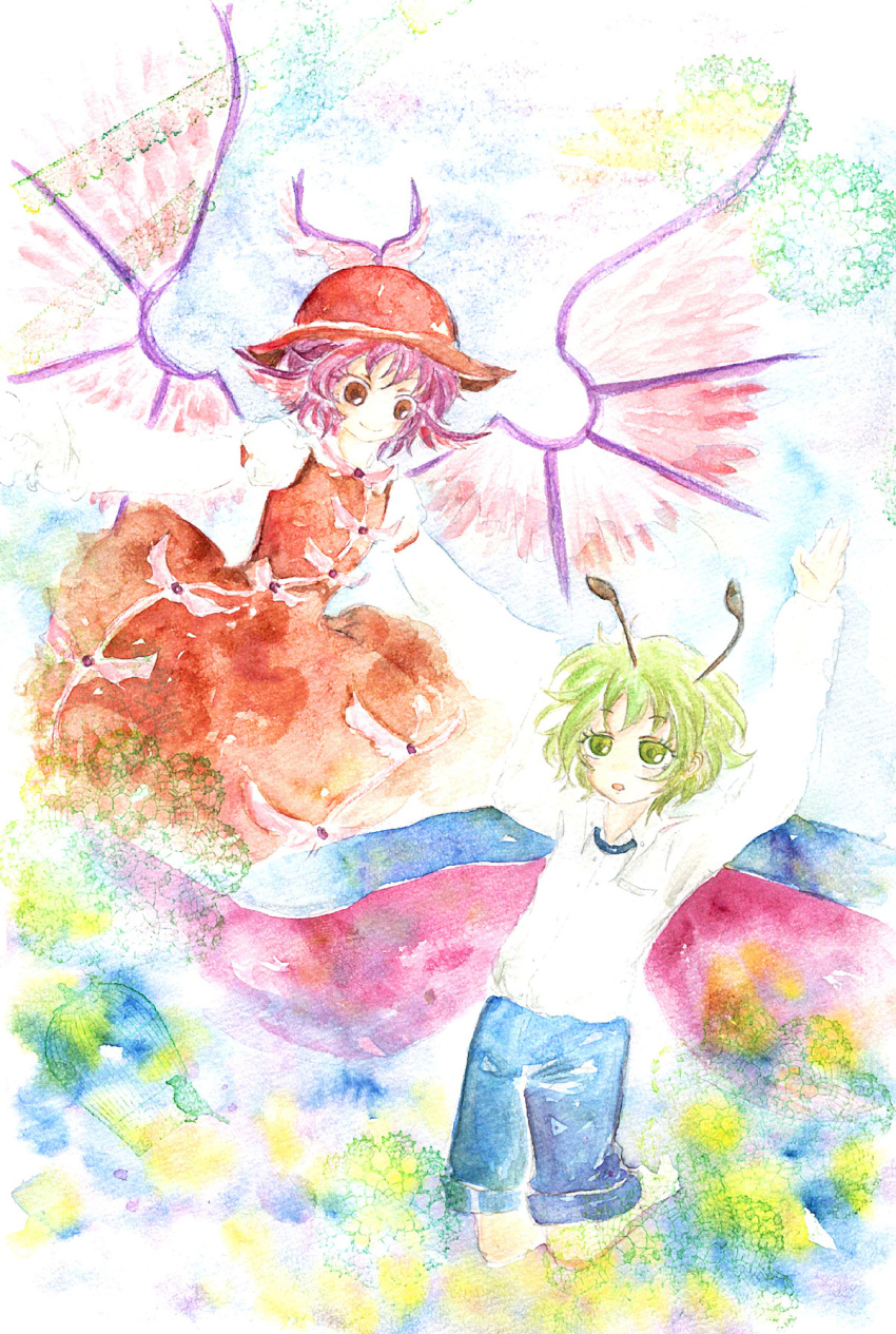 animal_ears antenna antennae bird birdcage brown_eyes cage cape dress flying friends green_eyes green_hair hat highres kneeling legs long_sleeves looking_down momoko_(pixiv219000) multiple_girls mystia_lorelei no_nose outstretched_arms outstretched_hand pink_hair shirt short_hair shorts smile spread_arms touhou traditional_media watercolor_(medium) white_shirt wings wriggle_nightbug