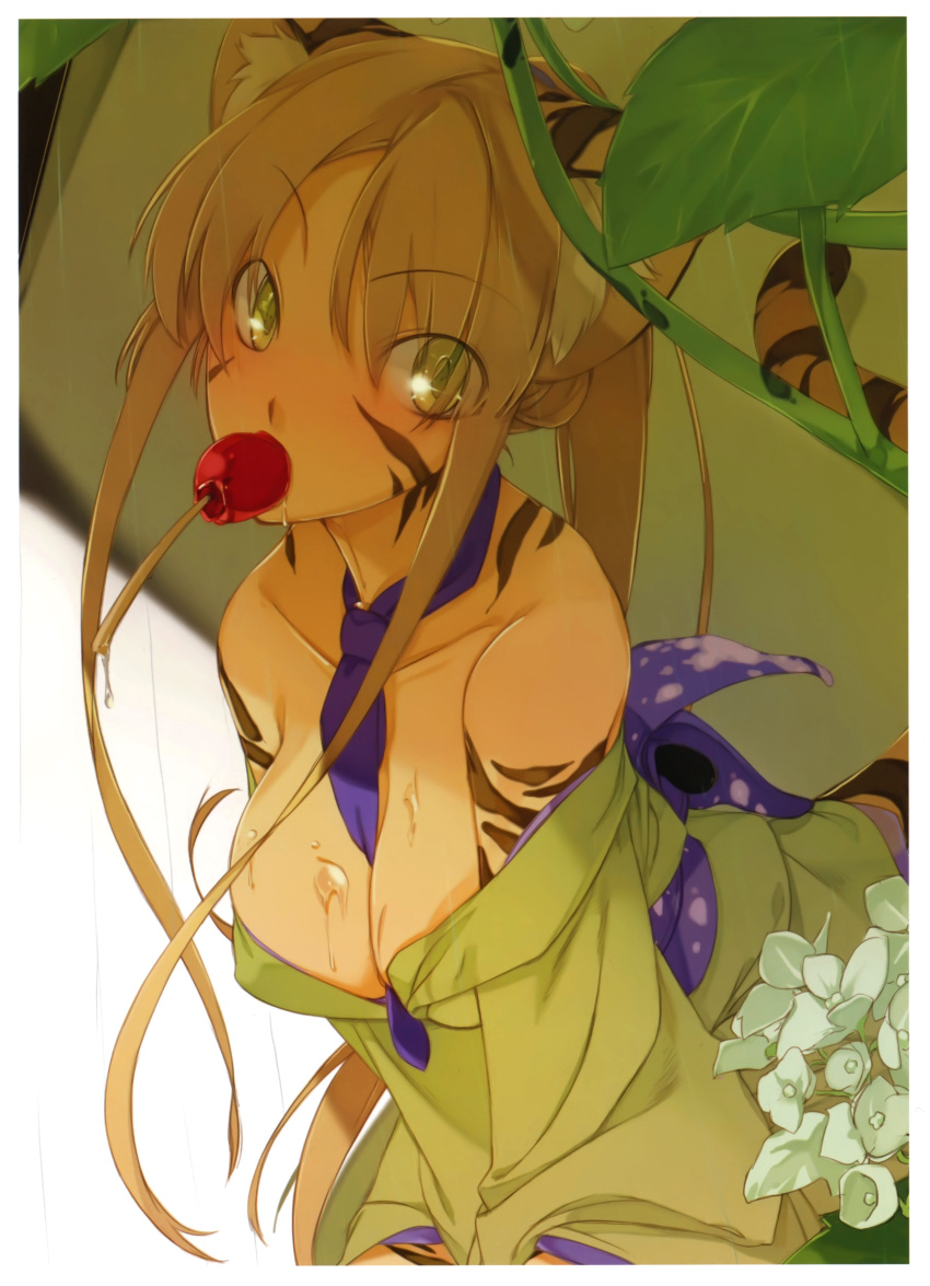 1girl absurdres animal_ears bare_shoulders between_breasts blush breasts brown_hair candy_apple cleavage collarbone flower green_eyes highres huge_filesize japanese_clothes kimono long_hair looking_at_viewer maruku mouth_hold necktie obi off_shoulder original ponytail rain scan solo tail tiger_ears tiger_stripes tiger_tail wet yukata