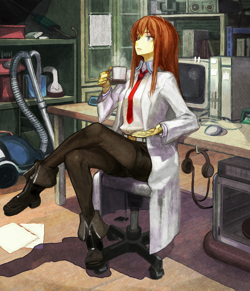 bad_id brown_hair computer crossed_legs cup doctor eating highres labcoat makise_kurisu mug necktie pantyhose red_hair ri-man ryman sitting steins;gate x68000