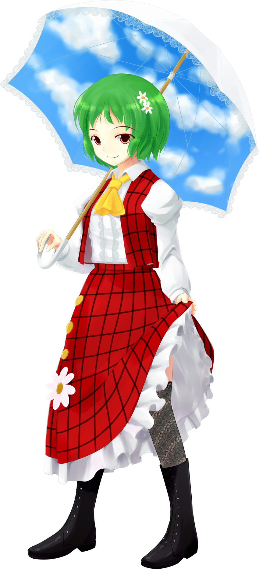 ascot boots dress dress_lift flower green_hair hair_flower hair_ornament highres kazami_yuuka lace_legwear lo_(rogu_ryouiki) parasol plaid plaid_skirt plaid_vest red_eyes short_hair simple_background skirt skirt_lift skirt_set sky smile solo thighhighs touhou transparent_background umbrella