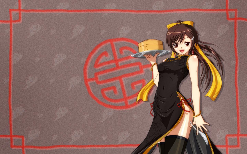 bad_id bamboo_steamer bare_shoulders black_legwear brown_eyes brown_hair china_dress chinadress chinese_clothes copyright_request dish hair_ornament hair_ribbon hairclip hairpin long_hair open_mouth ponytail ribbon shino_(pixia) side_slit solo spoon thigh-highs thighhighs wallpaper