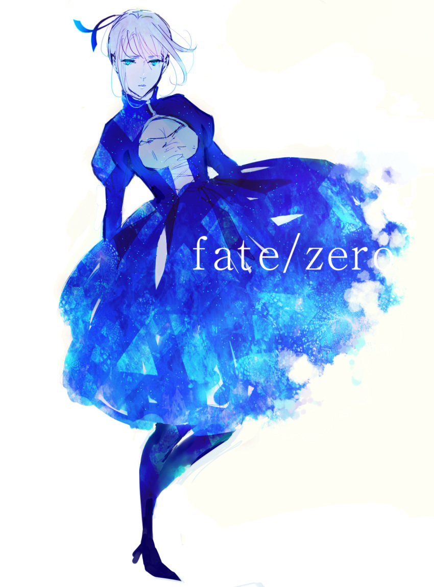 ahoge aqua_eyes blonde_hair blue dress fate/zero fate_(series) glowing glowing_eyes hair_ribbon highres muted_color ribbon saber satonari solo title_drop
