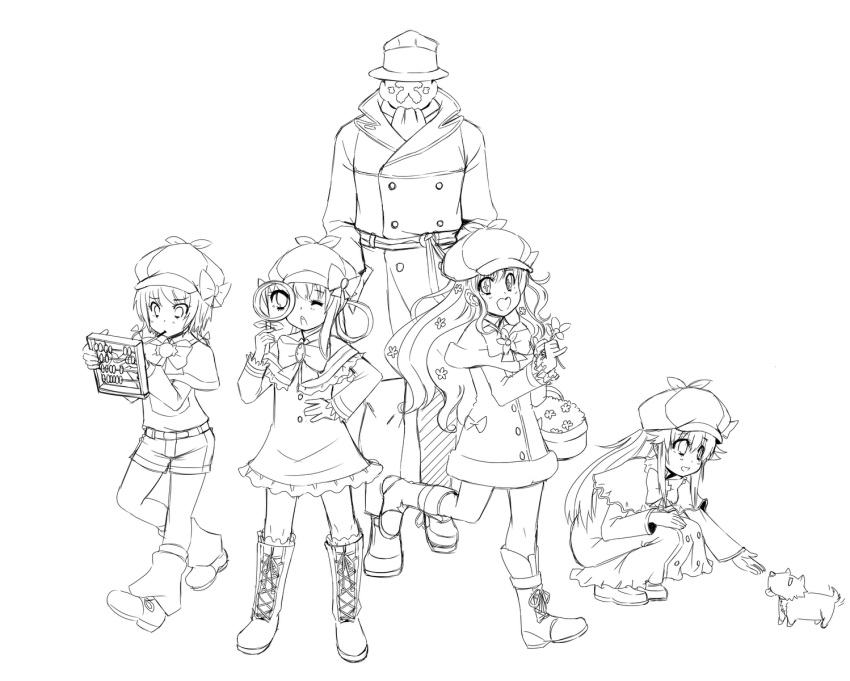 1boy 4girls abacus boots cordelia_glauca cross-laced_footwear crossover dc_comics deerstalker dog flower hair_flower hair_ornament hair_rings hand_on_hip hands_in_pockets hat hercule_barton highres hips kekekeke knee_boots lace-up_boots lineart magnifying_glass mask monochrome mouth_hold multiple_girls odd_one_out pocky rorschach sherlock_shellingford squatting tantei_opera_milky_holmes trench_coat watchmen wink yuzurizaki_nero
