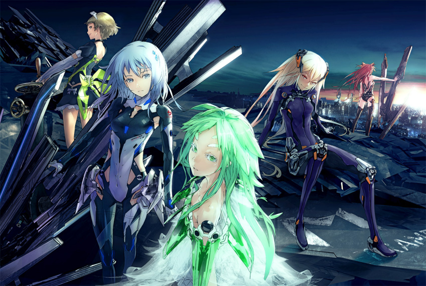 bare_shoulders beatless blonde_hair blue_eyes blue_hair bodysuit brown_hair character_request cityscape cloud clouds eyebrows green_eyes green_hair huge_weapon kouka_(beatless) lacia leicia long_hair looking_at_viewer mariage multiple_girls red_hair redhead redjuice revision saturnus short_hair sky smile snowdrop_(beatless) sunset sword weapon