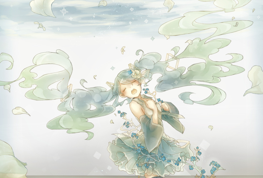 bare_shoulders closed_eyes detached_sleeves eyes_closed flower green_hair hair_flower hair_ornament hatsune_miku highres long_hair mizutame_tori open_mouth petals skirt solo twintails very_long_hair vocaloid