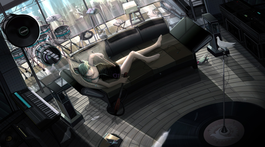 aqua_eyes barefoot bird cake cityscape couch cup drum drum_set food green_hair hatsune_miku headset highres instrument keyboard_(instrument) microphone microphone_stand no_pants panties reclining sheet_music sil_(freesil) solo striped striped_panties teacup twintails underwear violin vocaloid window