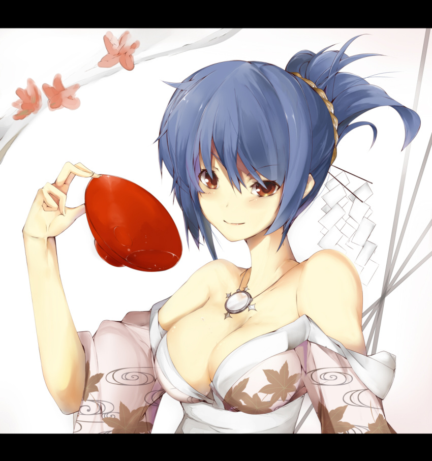 alternate_costume bare_shoulders blue_hair breasts brown_eyes cleavage dress ekuesu floral_print hair_ornament highres japanese_clothes jewelry kimono large_breasts letterboxed looking_at_viewer mirror necklace obi off_shoulder pendant pink_dress ponytail sakazuki sash short_hair smile solo spilling touhou wide_sleeves yasaka_kanako