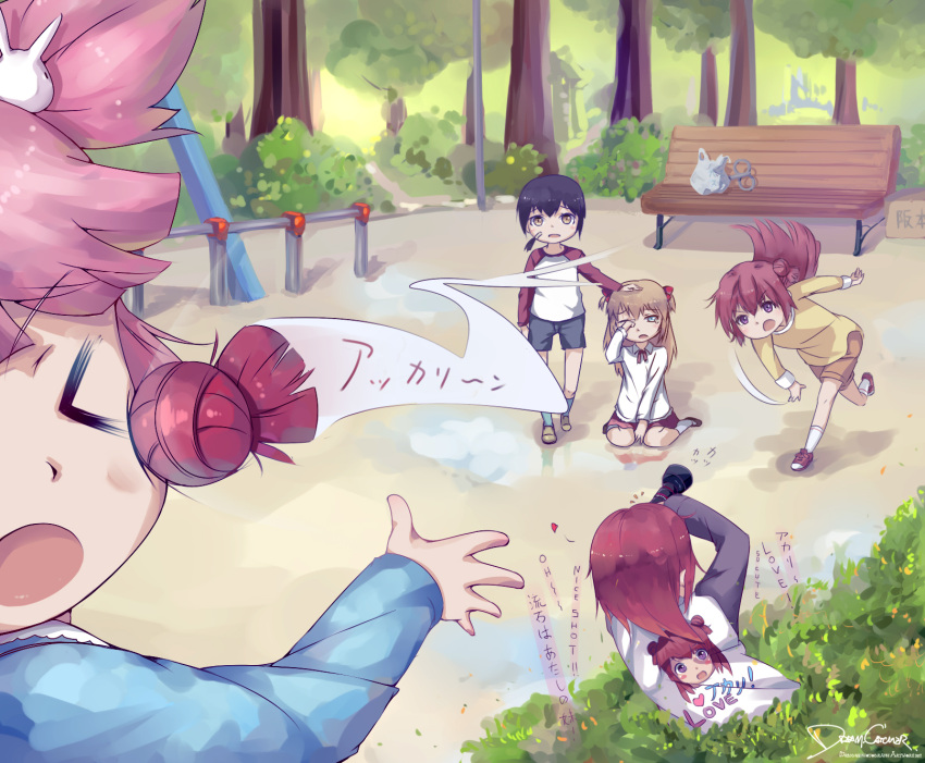 &gt;_&lt; akaza_akane akaza_akari bandage bandages black_hair blush_stickers brown_eyes brown_hair bush camera child crank detached_hair double_bun dreamcatcher english funami_yui hair_ribbon headband highres long_hair multiple_girls open_mouth park pink_hair raglan_sleeves red_eyes red_hair redhead ribbon short_hair sitting tears throwing toshinou_kyouko tree two_side_up wariza yoshikawa_chinatsu young yuru_yuri