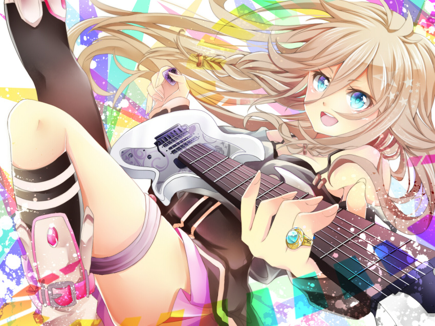 blonde_hair blue_eyes boots guitar highres ia ia_(vocaloid) instrument looking_at_viewer open_mouth single_thighhigh skirt smile solo thigh-highs thigh_strap thighhighs uruhara_ryuuku vocaloid