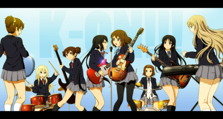 akiyama_mio black_hair black_legwear blonde_hair brown_hair character_request drum drum_set drumsticks guitar hairband hirasawa_ui hirasawa_yui holding instrument k-on! kotobuki_tsumugi letterboxed long_hair microphone multiple_girls nakano_azusa pantyhose saitou_sumire school_uniform shian_(my_lonly_life.) short_hair sitting skirt suzuki_jun tainaka_ritsu title_drop twintails