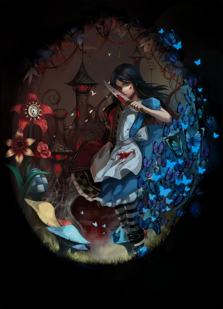 alice_(wonderland) alice_in_wonderland alternate_costume american_mcgee's_alice belt black_hair boots butterfly dress gloves green_eyes highres jewelry knife necklace red_eyes thigh-highs thighhighs tower weibo yii_(949244562)