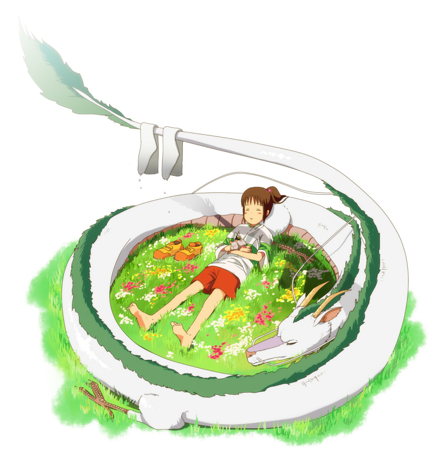 brown_hair child closed_eyes dragon eastern_dragon eyes_closed flower haku highres kurachin lying ogino_chihiro ponytail sen_to_chihiro_no_kamikakushi sleeping studio_ghibli