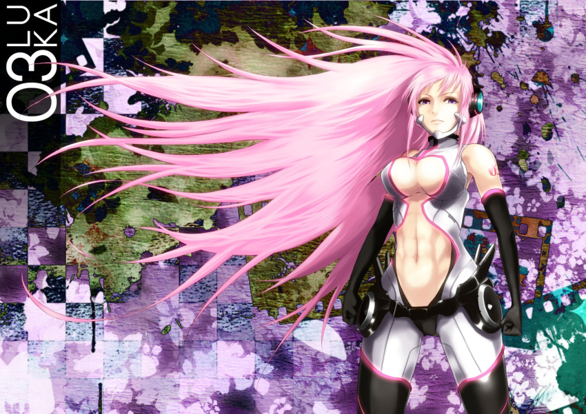 1girl cleavage_cutout clenched_fist din47060702 din_(raiden) elbow_gloves from_below highres long_hair looking_at_viewer looking_down megurine_luka midriff muscle navel pink_hair solo standing thigh_gap thighs very_long_hair vocaloid