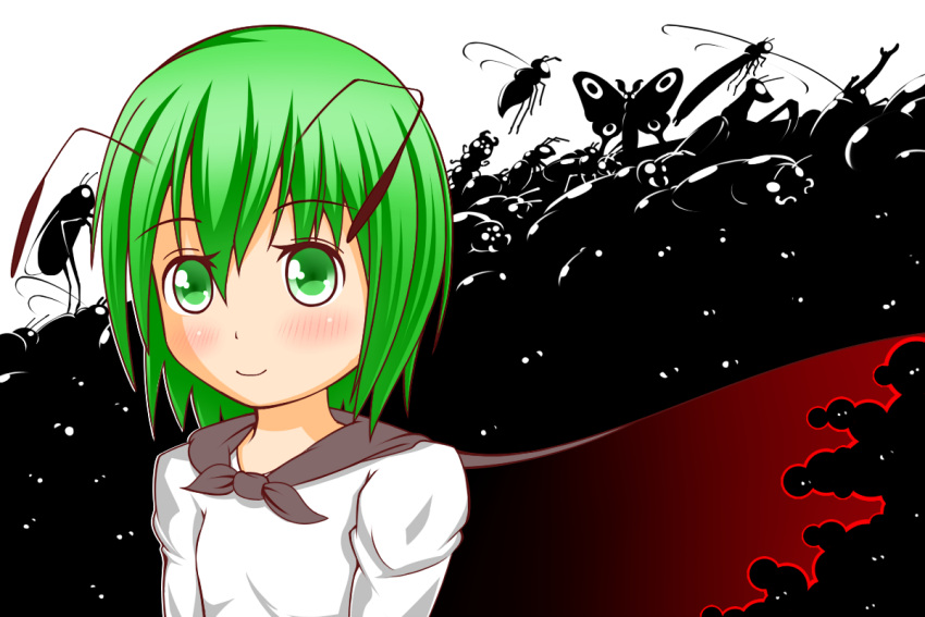 antennae bee beetle blush_stickers butterfly cape centipede dragonfly firefly green_eyes green_hair light_smile long_sleeves looking_at_viewer minaka praying_mantis rhinoceros_beetle short_hair solo touhou transparent_background wriggle_nightbug