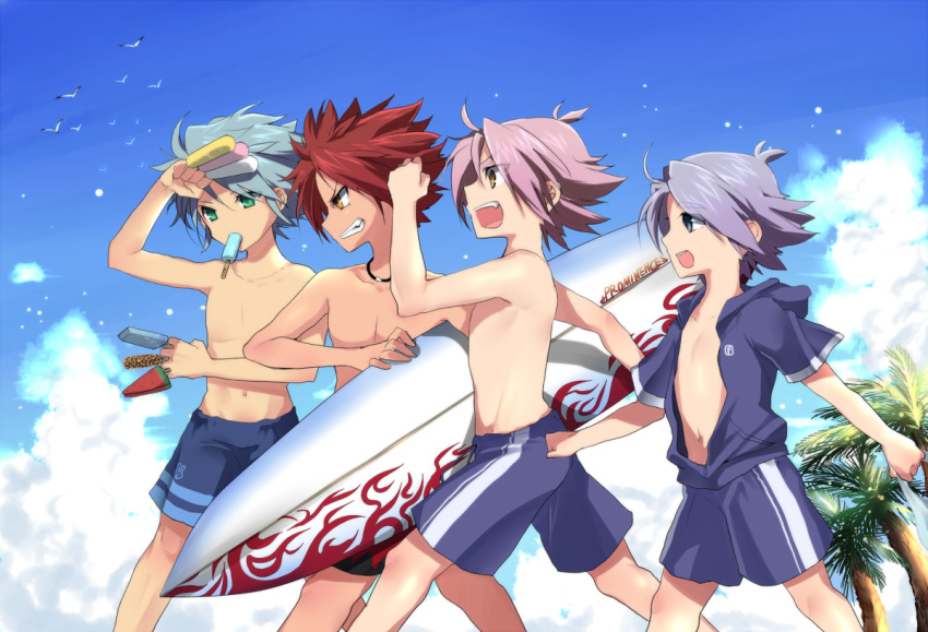 beach bird cloud clouds fubuki_atsuya fubuki_shirou inazuma_eleven inazuma_eleven_(series) male mataro multiple_boys nagumo_haruya ngaumo_haruya open_clothes open_mouth palm_tree popsicle shirtless short_hair shorts sky suika_bar surfboard suzuno_fuusuke swim_trunks tree watermelon_bar