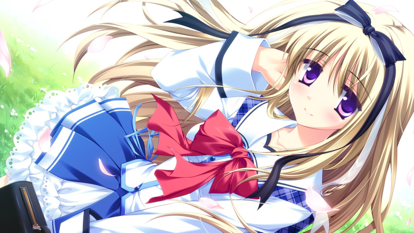 1girl arm_up artist_request blonde_hair blush bowtie cherry_blossoms dutch_angle flower frilled_skirt frills grass hair_between_eyes hair_ribbon hand_on_own_face holding long_hair long_sleeves looking_at_viewer plaid purple_eyes ribbon seifuku smile solo source_request strawberry_nauts suzunae_houmii very_long_hair violet_eyes