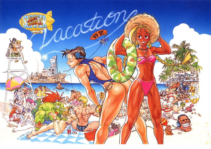 6+girls 90s anklet artist_request ass back balrog bandeau barefoot baseball_bat bat bazooka beach beach_umbrella beard bent_over bikini blanka blanket blimp blindfold blonde_hair bracelet braid brown_hair buried cammy_white camouflage can capcom casual_one-piece_swimsuit chun-li cloud clouds company_connection cross dark_skin dee_jay dhalsim dirigible double_bun drink earrings edmond_honda eliza_masters everyone facial_hair feathers feet fei_long final_fight fishing fishing_rod flag flat_chest food fruit gouki green_skin grin guile gun hang_gliding hat headband headphones highres hot_air_balloon inflatable_raft innertube instrument japan jewelry ken_masters legs lifeguard lipstick log long_hair lounge_chair lying makeup maracas midriff multiple_boys multiple_girls muscle nail nail_bat navel necklace official_art on_back on_stomach one-piece_swimsuit outdoors palm_tree panties parachute peaked_cap pink_hair poison_(final_fight) ponytail raft red_hair redhead rifle roxy ryuu_(street_fighter) sagat sandals shark shop short_hair shorts side-tie_bikini sitting sky skywriting smile sniper_rifle speedo squatting standing straw_hat street_fighter street_fighter_ii striped sunglasses sunglasses_on_head swim_trunks swimsuit tan tanline thong thong_bikini thunder_hawk top_hat tree tubetop twin_braids umbrella underwear vega water watermelon weapon zangief