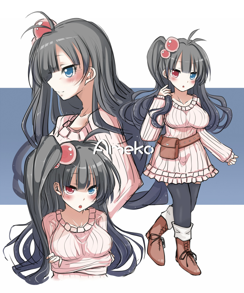 black_hair blue_eyes blush breast_hold breasts character_sheet crossed_arms hair_bobbles hair_ornament heterochromia highres large_breasts long_hair looking_at_viewer original red_eyes ribbed_sweater sei000 smile sweater thighhighs