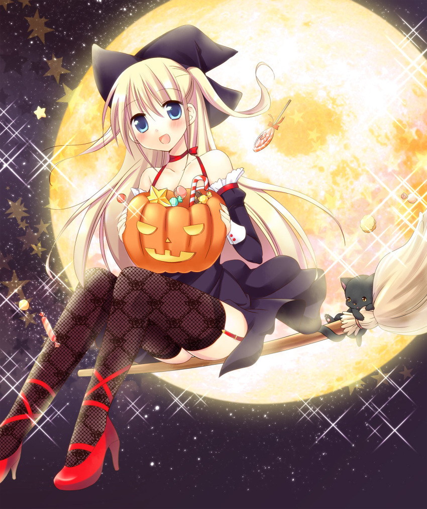 :d aino_osaru blonde_hair blue_eyes blush broom broom_riding candy candy_cane cat detached_sleeves dress fishnets full_moon garter_straps hat high_heels highres holding jack-o'-lantern jack-o'-lantern lollipop long_hair moon open_mouth original ribbon_choker shoes sky smile solo star star_(sky) starry_sky striped sweets swirl_lollipop thigh-highs thighhighs twintails witch witch_hat