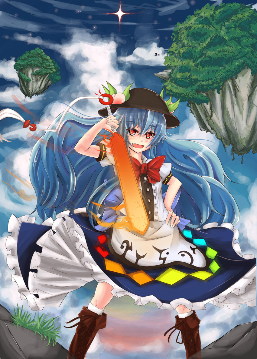 b.d blue_hair blush bow broom cloud clouds cross-laced_footwear flying food frills fruit grass hat highres hinanawi_tenshi kirisame_marisa leaf long_hair multiple_girls open_mouth peach puffy_sleeves red_eyes rock short_sleeves silhouette sky star sword sword_of_hisou touhou very_long_hair weapon witch_hat