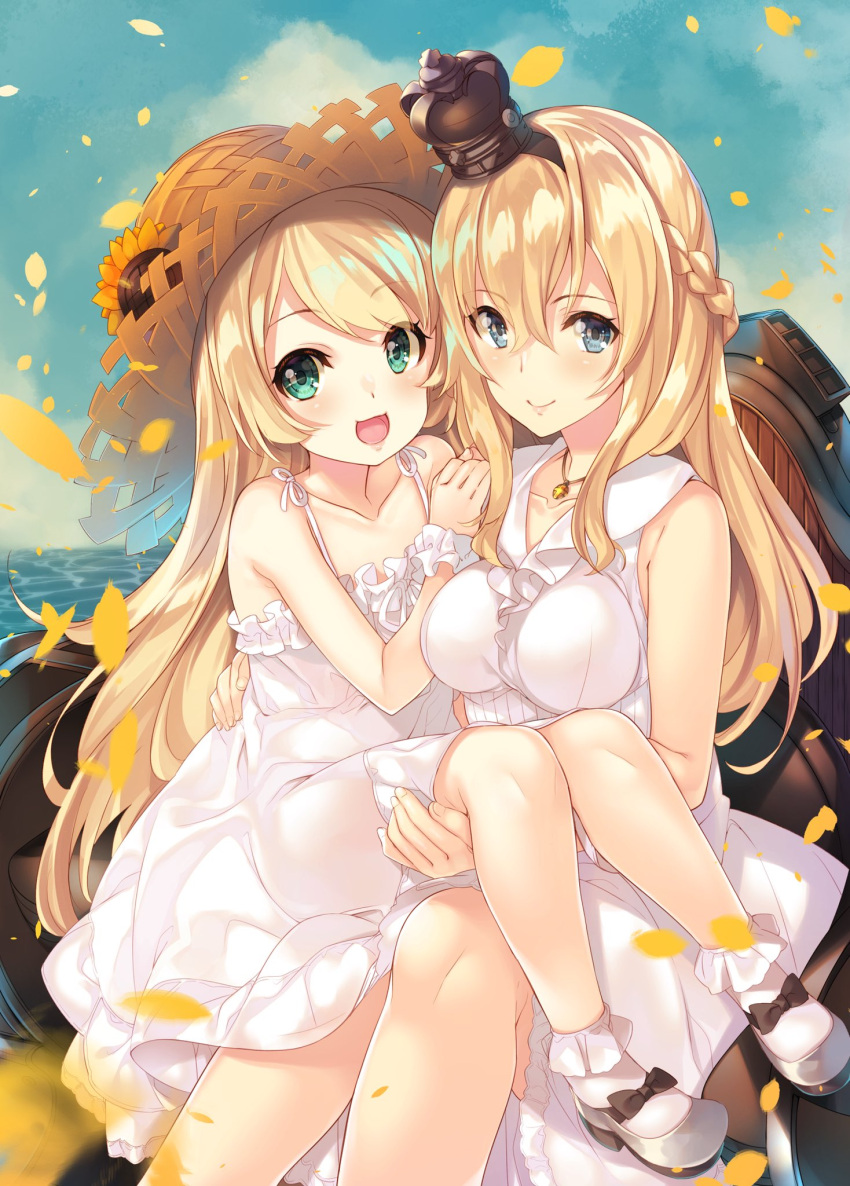 2girls alternate_costume blonde_hair blue_eyes braid breasts commentary_request crown dress french_braid green_eyes hat highres jervis_(kantai_collection) jewelry kantai_collection leaves_in_wind long_hair looking_at_viewer machinery mayuzaki_yuu mini_crown multiple_girls necklace ocean open_mouth sitting sitting_on_lap sitting_on_person sleeveless sleeveless_dress smile straw_hat warspite_(kantai_collection) white_dress