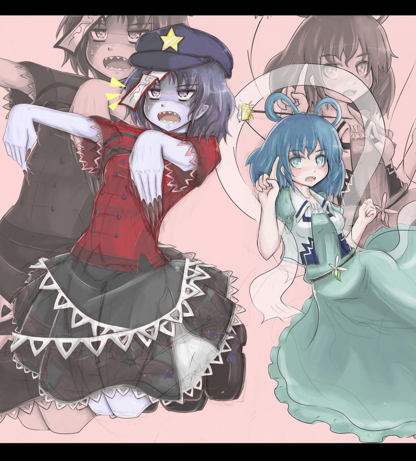 absurdres b.d blue_hair chinese_clothes fingernails flower glowing glowing_eyes grey_eyes grey_hair hair_rings hair_stick hat highres kaku_seiga long_skirt miyako_yoshika multiple_girls ofuda open_mouth outstretched_arms puffy_sleeves sharp_fingernails sharp_teeth shawl short_hair short_sleeves skirt touhou wide_sleeves zombie_pose