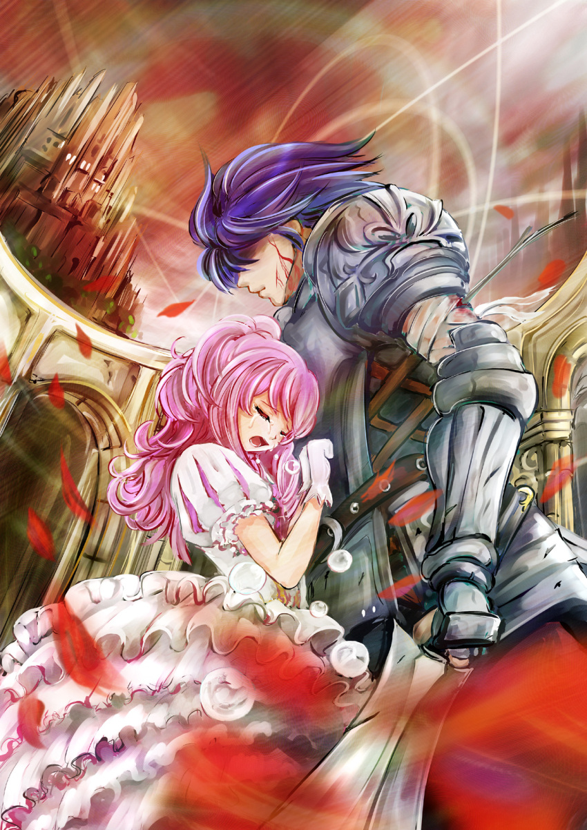 arm_guards armor bandage bandages belt blood blue_hair building dress frills gloves highres injury long_hair no_eyes original pink_hair shaded_face tears wavy_hair weapon wound wounded yamako777
