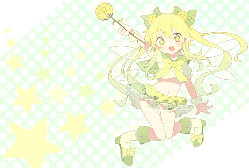 :d bad_id blonde_hair blush flower green_eyes highres holding holding_flower long_hair magical_girl midriff navel open_mouth original outstretched_arms polka_dot polka_dot_background ranka224 skirt smile solo star wrist_cuffs